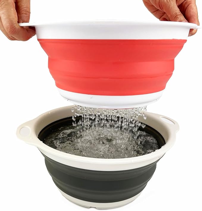SAMMART 2.6L (0.68 Gallon) Collapsible Tub - Foldable Dish Tub - Portable Washing Basin - Space Saving (Coral Pink+Washed Black, 2)