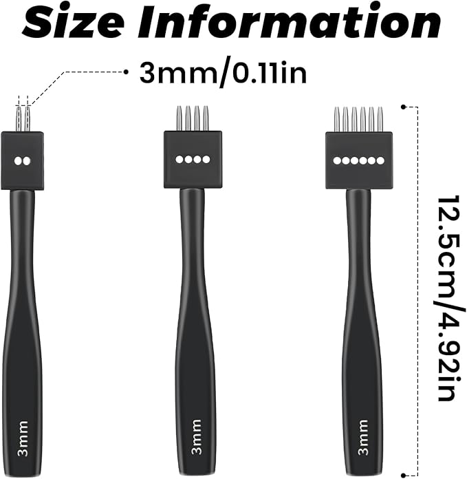 Leather Hole Punch, Black Hole Punch Tool 3mm 2/4/6 Lacing Stitching Punch, Round Hole Prong Stitching Chisel Set Leather Working Tools for Leathercraft