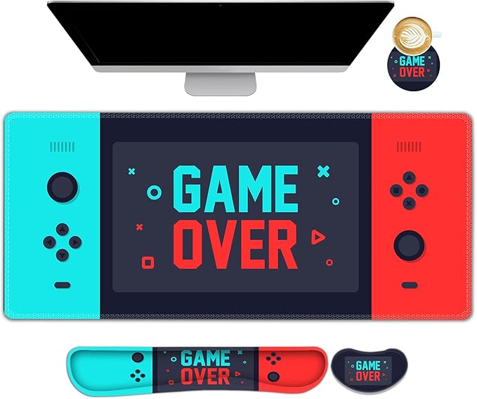 ARTSO Large Gaming Mouse Pad, Keyboard Wrist Rest Pad & Wrist Support Mousepad Set, Stitched Edge, Extended, Non-Slip Base, Memory Foam Desk Mat, Green Red Game Console