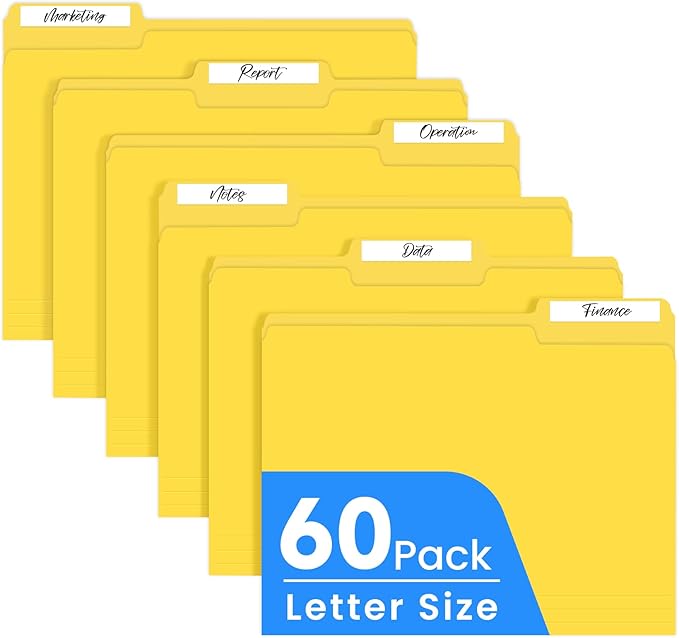 Colored File Folders Letter Size, 60 Pack Yellow Folders 1/3 Cut Tabs, Assorted Pastel Color Office School Buiness Folders for Filing Organization, Paper File Folder Bulk Set