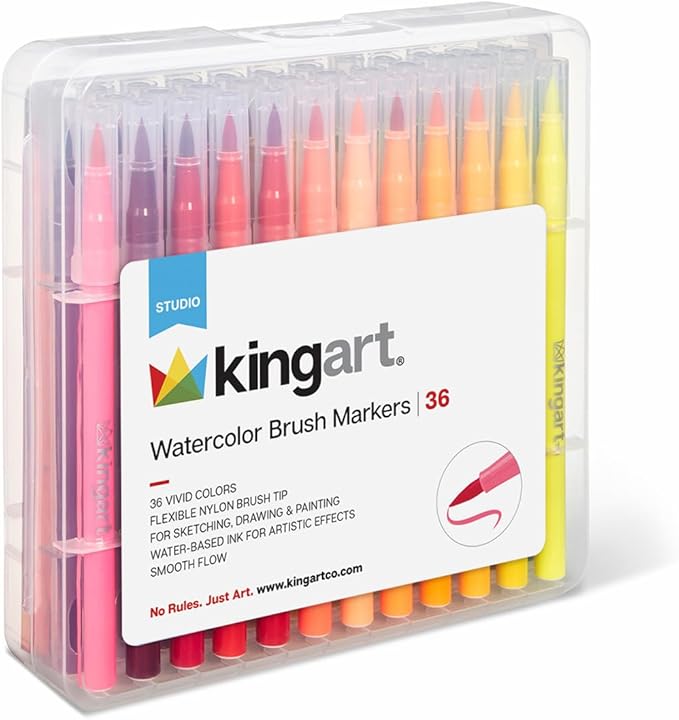KINGART 36 Watercolor Brush Markers Set: Flexible Tip Pens for Coloring Books, Calligraphy, Doodling, Manga & Painting