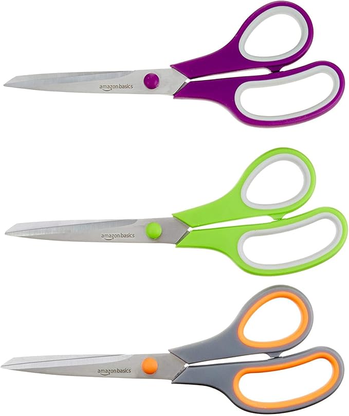 Amazon Basics Stainless Steel Scissors for Office, Crafts, Multipurpose, Sharp, Comfort Grip, PVD Coated, 3 Pack, Multicolor