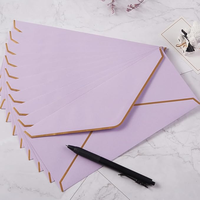 30 Pack Thick #10 Business Envelopes with Gold Border, 4 1/8 x 9 1/2 Thick Paper Standard Envelopes with Stickers for Office, Checks, Letter Mailing, Invoices (Light Purple)