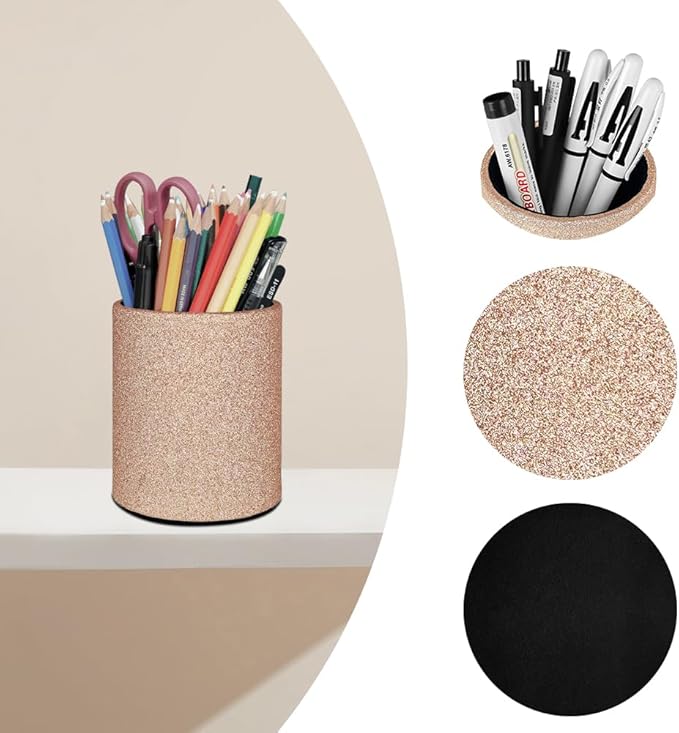 CXLE Pencil Holder Desk Organizer, PU Leather Pen Holder for Desk Decor Organizer Cosmetics Brush Holder for Teachers Students Storage Box Office Classroom(Gold)