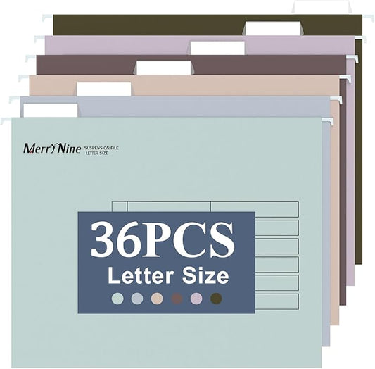 MerryNine 36pcs Hanging File Folders Letter Size, Paper Filing Cabinet Folders Organizer with 1/5-Cut Tabs and Inserts, Suspension File Organizers for Office School Home Hospital, Assorted Colors