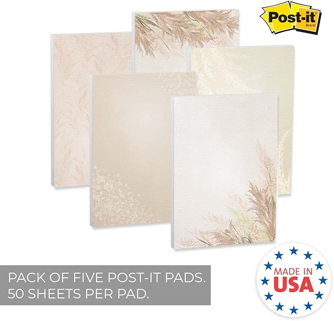 Pampas Grass Sticky Note Pads / 4" x 6" Repositionable Trendy Boho Sticky Notes / 50 Sheets Per Pad/Set of 5 Designs/Made in USA