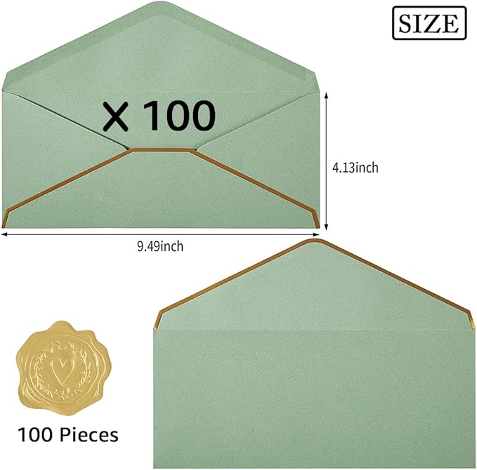 100 Pack #10 Business Envelopes with Gold Border, Self Seal Standard Envelopes with Gold Stickers for Office, Checks, Letter Mailing, Invoices, 4 1/8 x 9 1/2 Inches (Sage-Green)