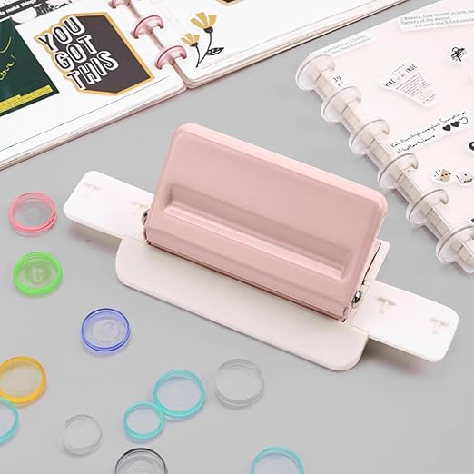 Pssopp Mushroom 4 Holes Puncher, Handheld DIY Punch Paper Cutter with Ruler 3 Sheets Punch Capacity for Discbound Notebooks Planners (Roseate)