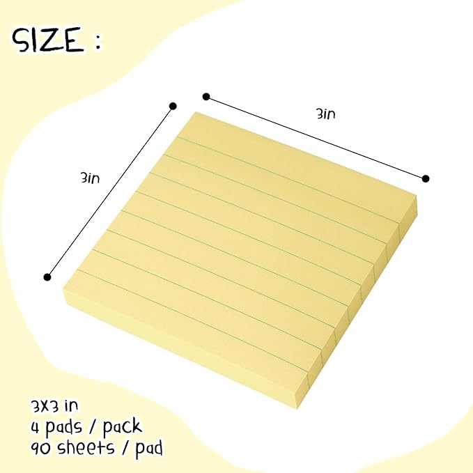 Lined Sticky Notes 3x3 Sticky Notes with Lines Self-Stick Notes Bright Color 4 Pads 90 Sheets/Pad (Yellow)