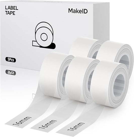 MakeID E1 Q1 Label Maker Tape Refills, 5-Roll 16mm x 4m (0.63" x 13') Continuous Consumables Thermal Laminated Office Labeling Tape Replacement