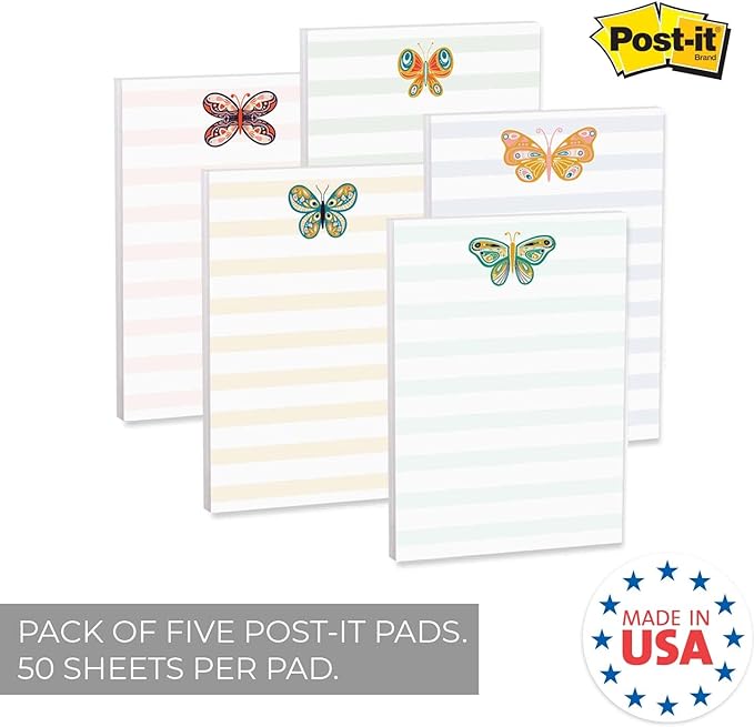 Folk Butterfly Sticky Note Pad Assortment/Set of 5 Pastel Note Pads / 4" x 6" Whimsical Sticky Note Pads / 50 Sheets Per Pad/Made in USA