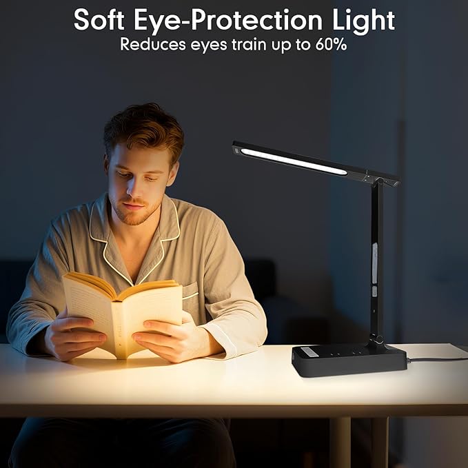 karidi Smart Desk Lamp with Digital Clock, 4-in-1 Charging Station (2 AC Outlets, Type-C, USB-A Ports), Temperature Display, 5 Color & Brightness Settings, Ideal for Offices & Bedrooms