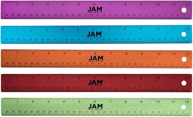JAM PAPER Strong Aluminum Rulers - 12 Inch - Metal Rulers with Non-Skid Cork Backing - Rainbow Assortment - 5/Pack