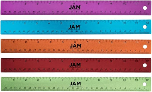 JAM PAPER Strong Aluminum Rulers - 12 Inch - Metal Rulers with Non-Skid Cork Backing - Rainbow Assortment - 5/Pack