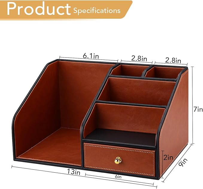 GORESE PU Leather Desk Organizer with Magazine File Holder, Drawer and 4 Compartments, Office Workspace Organizers and Accessories, Large Desktop Organization with File Rack Pen Holder - Tan Brown