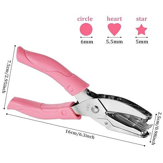 Zonon 3 Pcs Hole Punch Shapes Single Hole Paper Punchers for Crafts Handheld Metal Punch with Soft Grip 1/4" 3/16" Round Heart Star Holes for DIY Tags Ticket Scrapbook