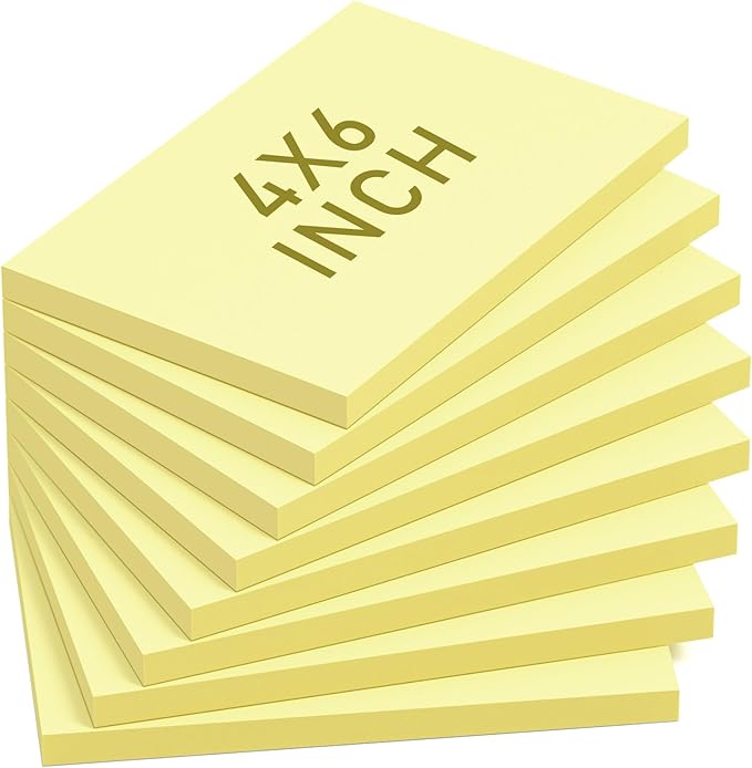 4 x 6in Yellow Sticky Notes Large,400pcs Recyclable Sticky Notes,8 Pack Notes Pads Memo Pads,Strong Self-Adhesive Notes, Bulk Large Pads Easy to Post Notes for Home School Office Desk Accessories