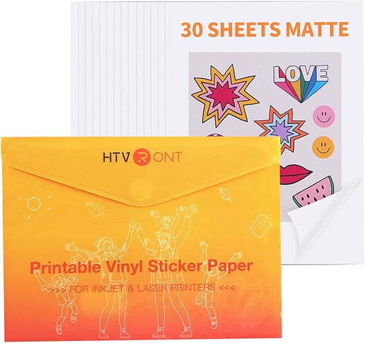 HTVRONT Printable Vinyl Sticker Paper - 30 Sheets Waterproof Matte Sticker Paper for Inkjet Printer & Laser Printer, Dries Quickly & Tear Resistant 8.5"x11"