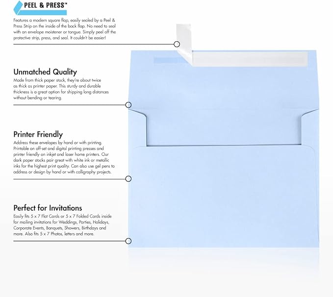 LUXPAPER A7 Invitation Envelopes for 5 x 7 Cards in 80 lb. Baby Blue, Printable Envelopes for Invitations, w/Peel and Press Seal, 1000 Pack, Envelope Size 5 1/4 x 7 1/4 (Blue)