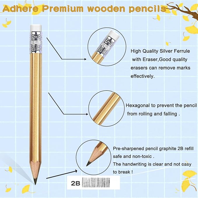 Adhere 25pcs Golf Pencils with eraser Hexagon Wooden Pencils Graphite 2B for Golf Event Scoring,Classroom,Wedding,Company Meetings,Pew, Pocket (Gold)