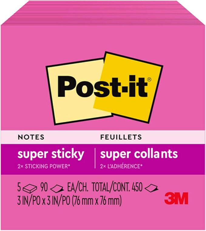 Post-it Super Sticky Notes, 5 Sticky Note Pads, 3 x 3 in., School Supplies, Office Products, Sticky Notes for Vertical Surfaces, Monitors, Walls and Windows, Power Pink