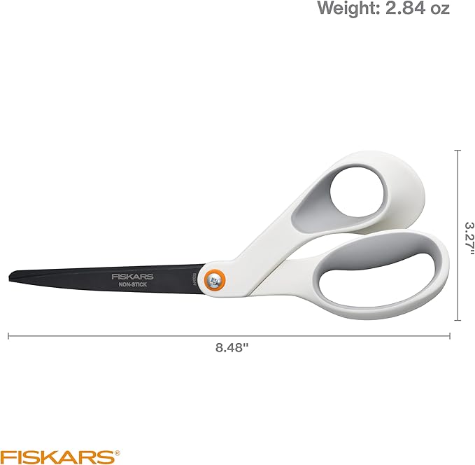 Fiskars 8” Premium Non-Stick Comfort Grip Scissors Ideal for Sticky Materials like Vinyl, Tape, and Glue, with Ergonomic Bent Handles for Precise Tabletop Cutting