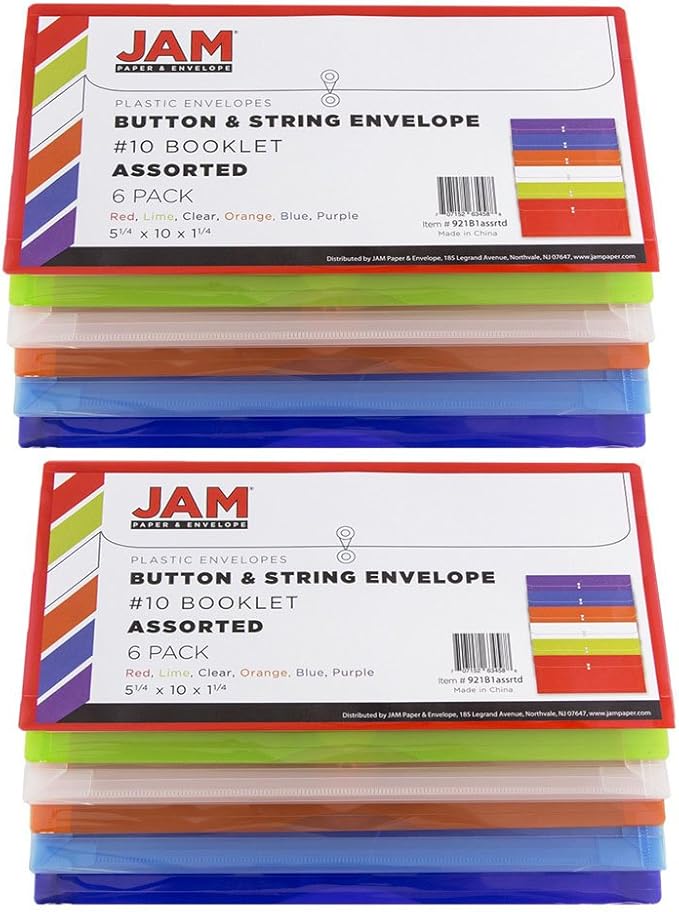 JAM PAPER Plastic Envelopes with Button & String Tie Closure - #10 Business Booklet - 5 1/4 x 10 - Assorted Colors - 12/Pack