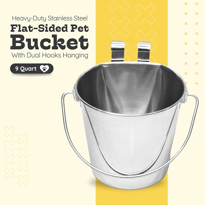 9 Quart Stainless Steel Flat Sided Bucket with Dual Hooks | Food & Water Bowl for XL Dog Goat Sheep Cattle Horse & Livestock | Fits kennel Crate Cages Farm Hanging Pet Pail | Multipurpose