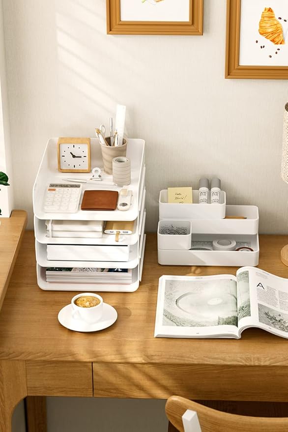 (4pcs Pack) HKeeper Stackable Paper Trays,Letter Tray Organizer,Office Desktop Organizer,A4 Paper Holder,Supplies Magazine,File Documents,Receipts（White,Regular）