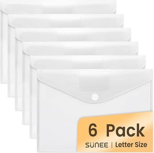 SUNEE 6 Pack Plastic Envelopes, Clear Folders for Document for A4 Letter Size, Poly File Folders with Label Pockets for School Home Office Organizer Work Supplies