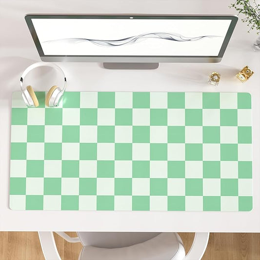 Colorful Star Large Mouse Pad, PU Leather Waterproof Desk Mat, Computer Gaming Mouse Pad, XXL Full Table Mousepad Non Slip Desk Pad for School Office Home 31.5" x 15.7" - Green Checkerboard