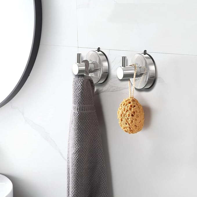 DGYB Suction Cup Hooks - 15LB Shower Hooks for Inside Shower, Stainless Steel No Drill Wall Hook Set of 2 Chrome Towel Hook for Bathrooms, Loofah, Robe
