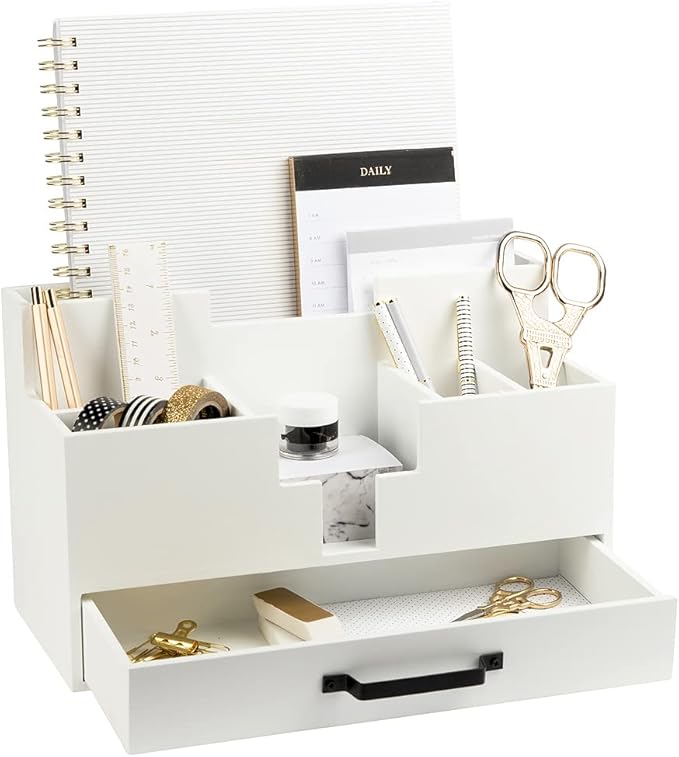 BLU MONACO White Wood Desk Organizer with Drawer – Home Office Accessories for Women – Compact Desktop Storage Solution