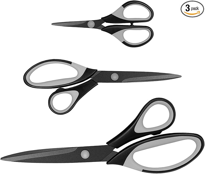 Scissors, Sharp Titanium Coating Blades, Soft Grip Handle, Multi-Purpose Scissors Set of 3 Suitable for Families, Office, and School Use, Black Grey
