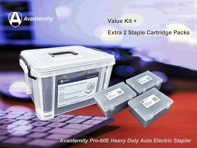 Avanternity's Pro-60E Heavy Duty Auto Electric Stapler (Value Kit + Extra 2 Staple Cartridge Packs) - Secured 60 Sheet Capacity, Includes 50,000 Staples