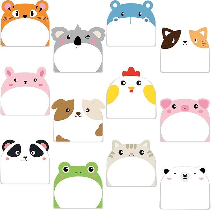 Yinder 24 Pads Cute Sticky Notes Kawaii Fun Animal Sticky Notes Pads Bulk Cartoon Memo Self Adhesive for Veterinary Gift Office School Tab Party Supplies(Classic Animals)