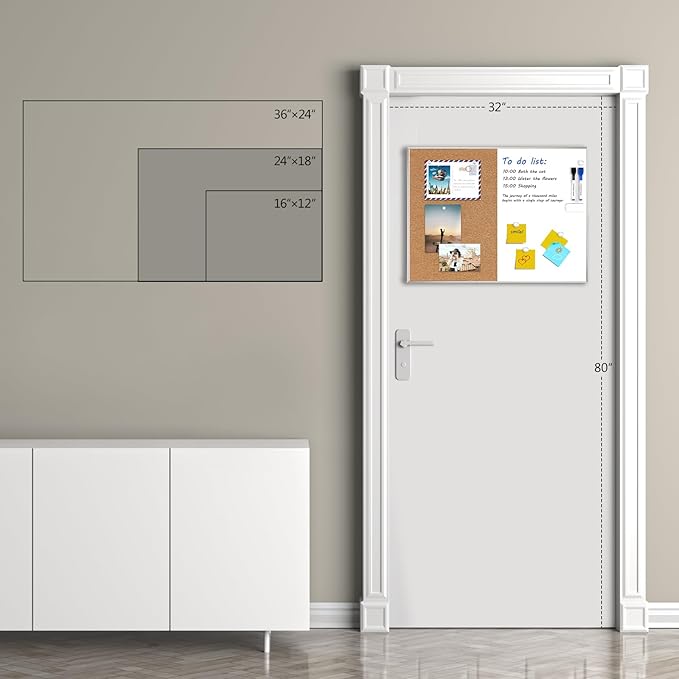 ARCOBIS Cork Board White Board Combo, 24 x 18 Inch Bulletin Board, Magnetic Dry Erase Board & Corkboard for Wall, Vision Board for Home, Office, School, Silver Frame