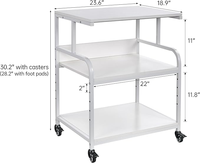 White Printer Stand, 23.6 x18.9 x 30 Inches Big Size Printer Table with Adjustable Shelf, 3 Tier Rolling Printer Cart with Wheels for Home Office Storage and Organization