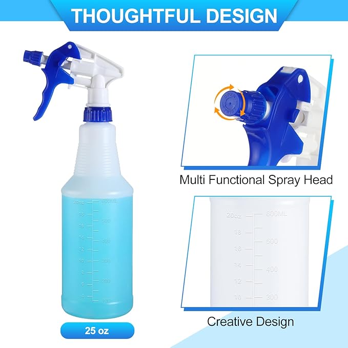 Eaasty 12 Pack Plastic Spray Bottles for Cleaning Solution 25 oz Leak Proof Mist Spraying Safe Squirt Bottle Refillable with Adjustable Head for Plants, Pet, Vinegar, BBQ(Blue)