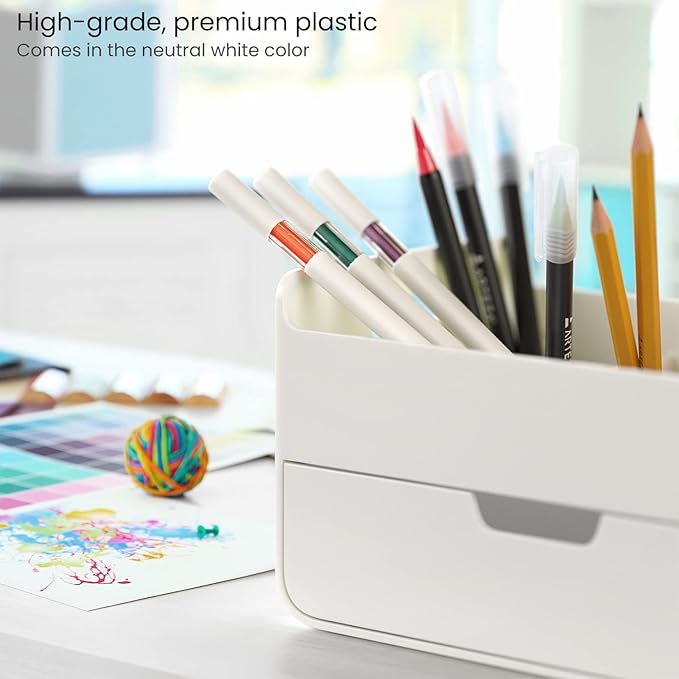 ARTEZA Small Desk Organizer with Drawer – Portable White Caddy with Pen Holder, Lightweight Office Supply Storage for Desk, Classroom, or Dorm