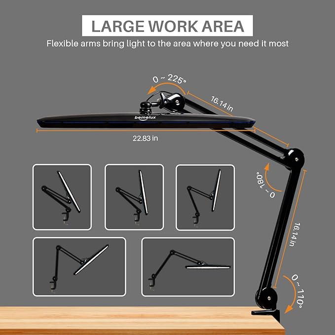 Task Lamp with Clamp, Bright 117PCS LEDs, Metal Swing Arm 24W 2200 Lumen Dimmable Led Desk Lamp for Architect Home Office Study Reading Dorm Workbench Craft, 23 Inch Working Lamp(Black)