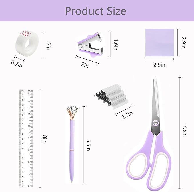 Office Supplies,Desk Accessories,with Stapler,Tape Dispenser,Staple Remover,Scissor,Ballpoint Pen,Sticky Notes,Clear Tape,Staples,Desk Organizer,Ruler,Binder,Best Gift Set(Purple)