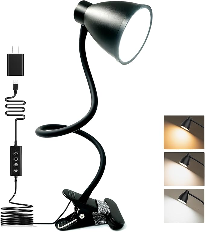 BOHON Desk Lamp 5 Color Modes 10 Brightness Dimmer Reading Light 10W 38 LED Clamp Lamp with Auto Off Timer 360° Flexible Gooseneck Clip on Light for Bed Bedside, AC Adapter Include