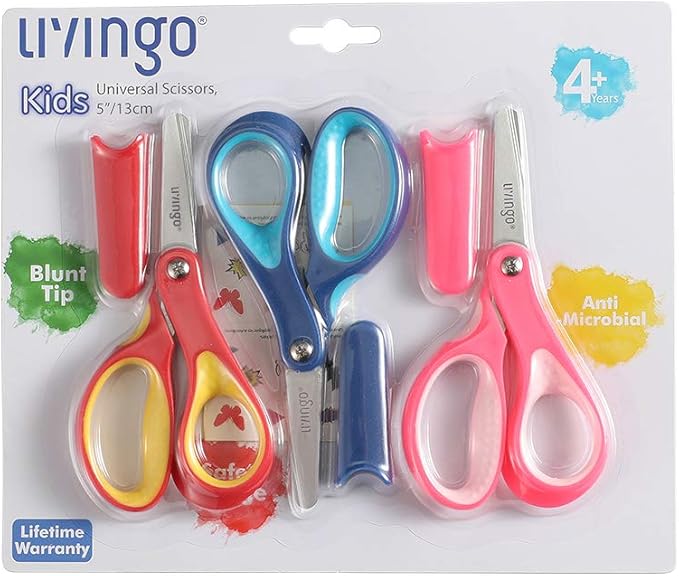 LIVINGO 5" Small School Student Blunt Kids Craft Scissors, Sharp Stainless Steel Blades Safety Comfort Grip for Children Cutting Paper, Assorted Color, 3 Pack