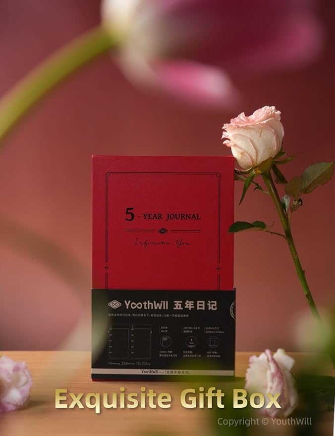 YouthWill Five Year Journal, 5-year Memory Notebook, Daily Journal, Undated Diary, One Line a Day, Soft Cover, Medium, 90gsm paper (Black)