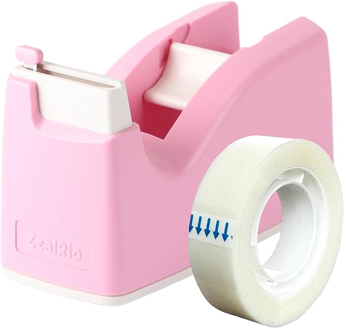 Cute Safety Tape Dispenser (Pink) 1" Core - Easy, One-Hand Use Tape Roller with Hidden Blade and Non-Skid Pad - Cute School and Office Supplies - Refillable - Tape Included