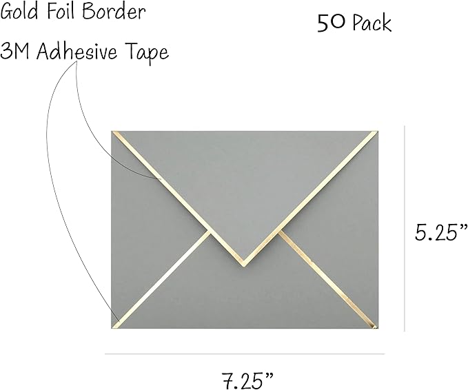 A7 Envelopes - V Flap Foil Border Luxury Mailing Envelopes for 5" x 7" Cards - for Wedding, Invitations, Baby Shower, Photos, Graduation, Birthday, Bridal Shower - 5.25" x 7.25" (Grey, 50 Pack)