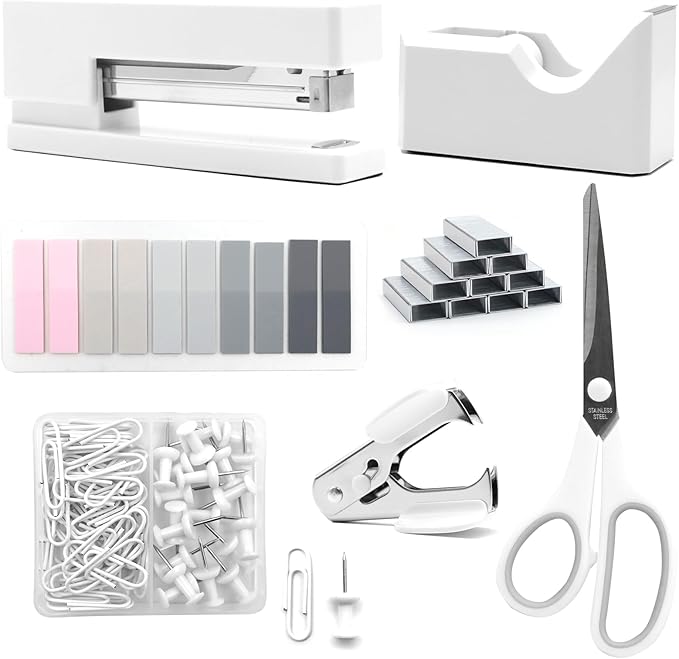 White Office Supplies, UPIHO White Desk Accessories, Stapler and Tape Dispenser Set for Women with Stapler,Tape Dispenser, Staple Remover, Staples,Scissor and Tabs for Students Office Clerks