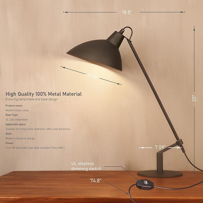 Desk Lamp Modern Industrial 100% Metal Table Lamp 22", Soft White Light (3000K) with Adjustable Switch, Ideal for Office Bedroom Study Room Living Room Nightstand Bedside Lamps Sand Black