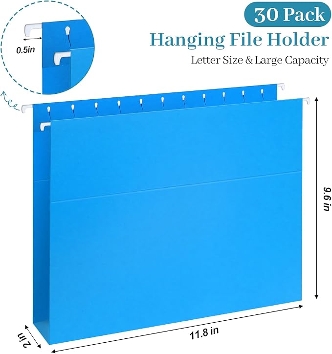 30 Pack Extra Capacity Hanging File Folders Reinforced Letter Size Hanging Folders with 2 Inch Expansion, 1/5 Cut Adjustable Tab Inserts for Office, School, Home Supplies, Assorted Colors